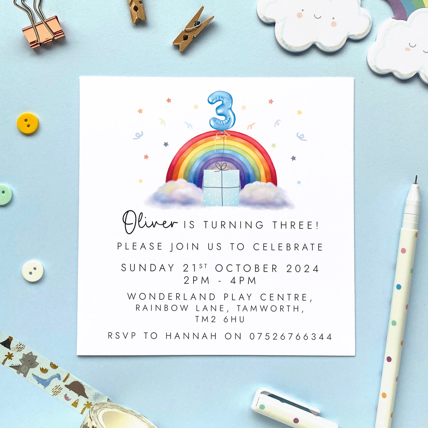 Personalised rainbow themed party invitations for a little boy's birthday party. The invites in the photo are for a 3rd birthday party.