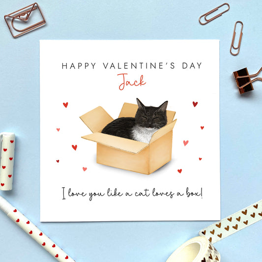 Personalised Tuxedo Cat in a Box Valentine's Day Card
