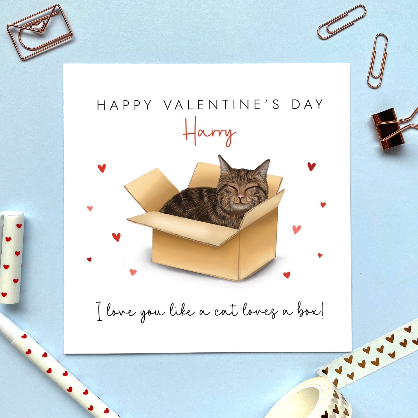 Personalised Tabby Cat in a Box Valentine's Day Card