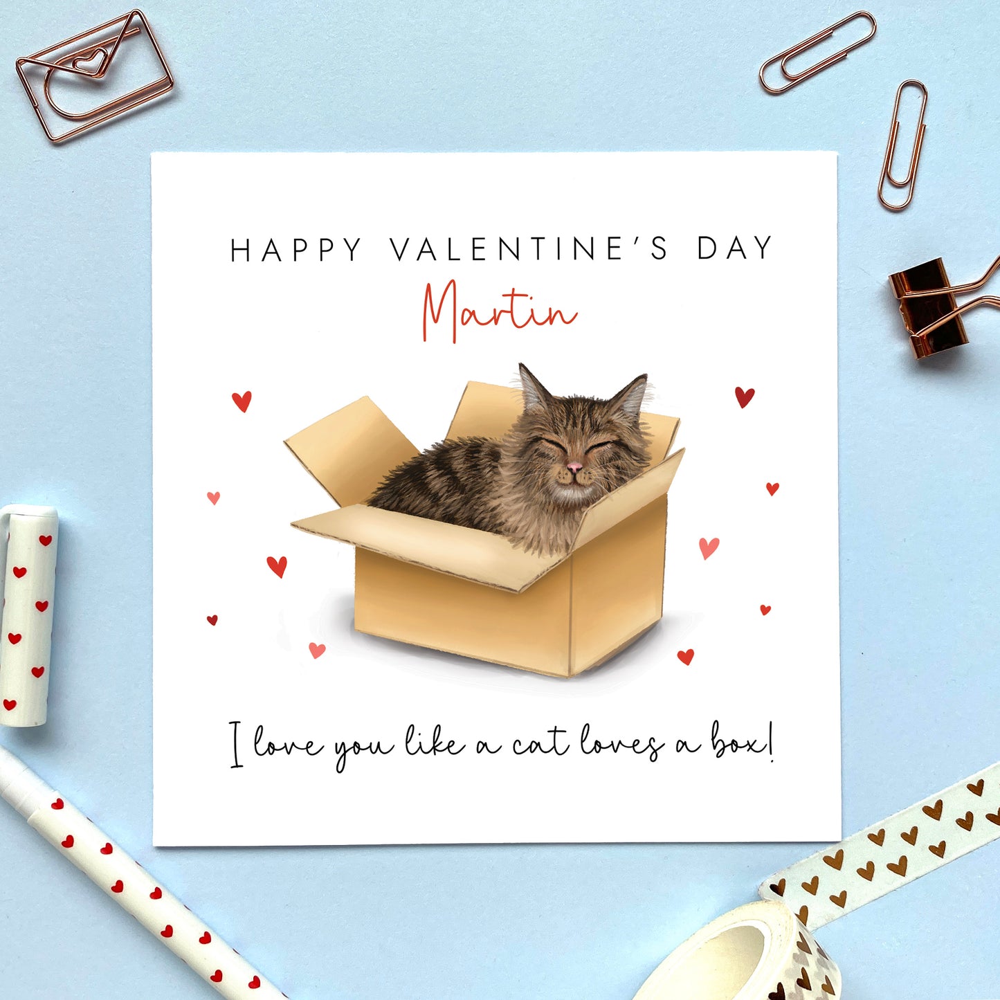 Personalised Tabby Cat in a Box Valentine's Day Card