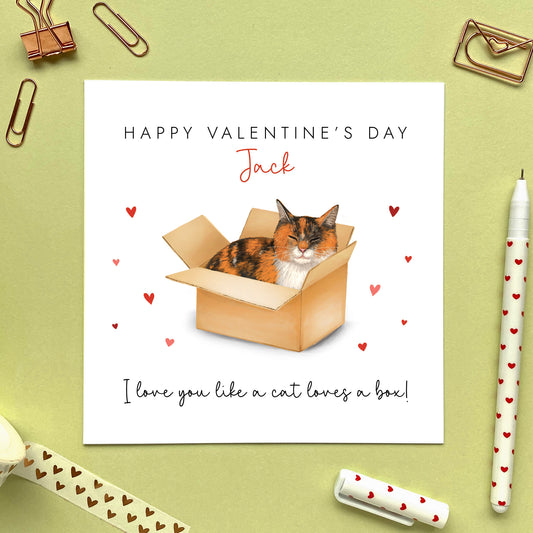 Personalised Tortoiseshell Cat in a Box Valentine's Day Card