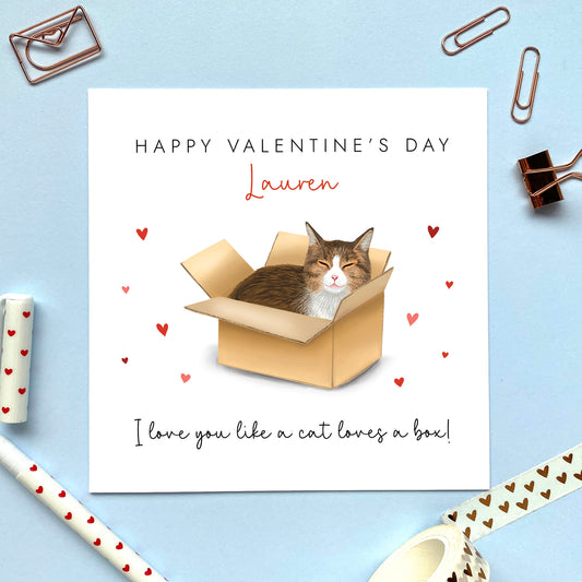 Personalised Tabby Cat in a Box Valentine's Day Card