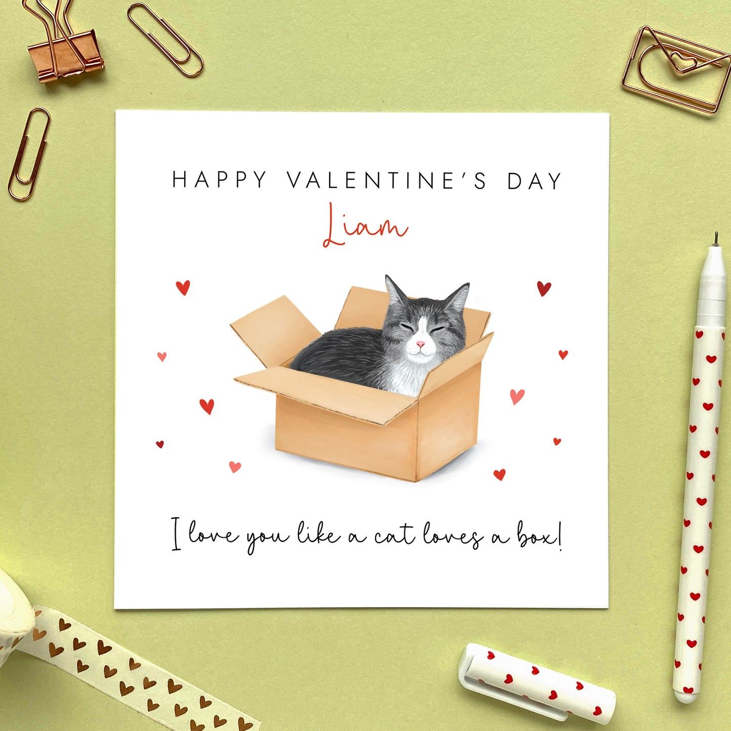 Personalised Tabby Cat in a Box Valentine's Day Card