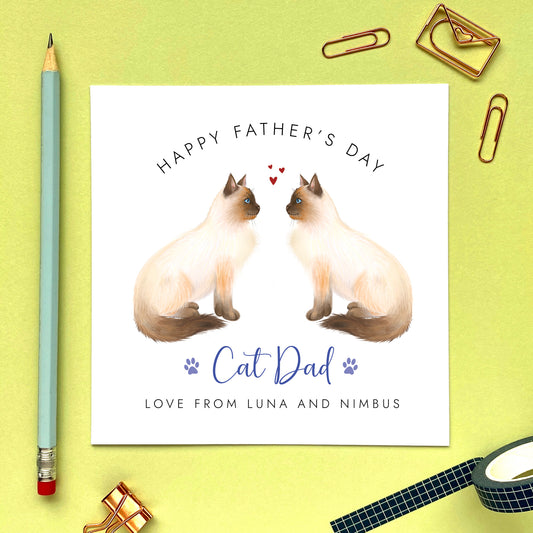 A personalised Cat Fathers Day Card from the Cats, for Cat Dad. The two cats on the card can be changed to a wide range of designs such as brown tabby, black, ragdoll, ginger and more.