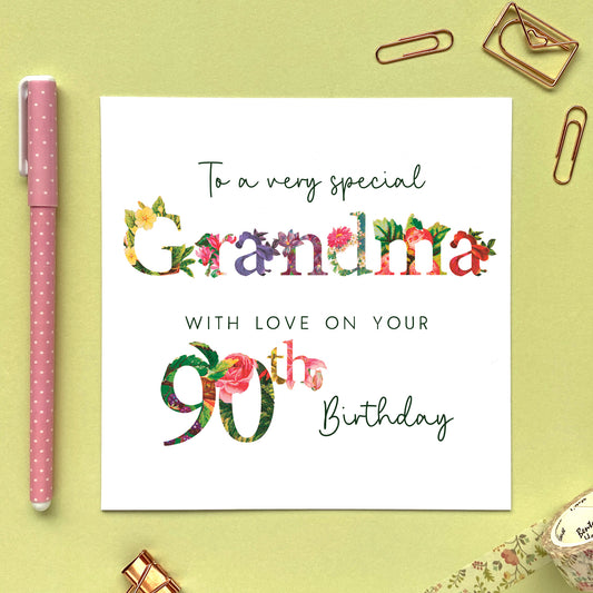 Floral 90th Birthday Card for Grandmother