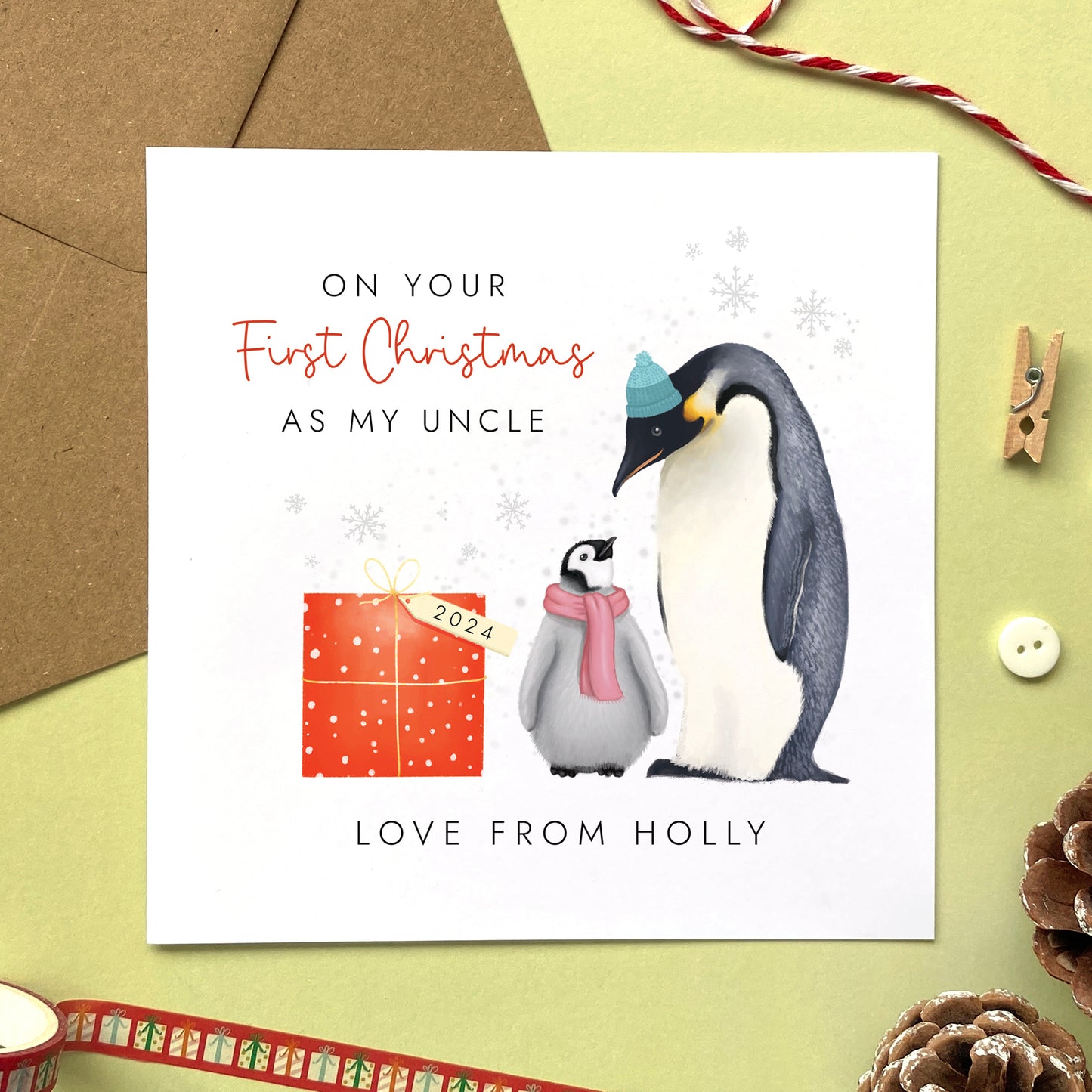 Personalised First Christmas as My Uncle Penguins Card