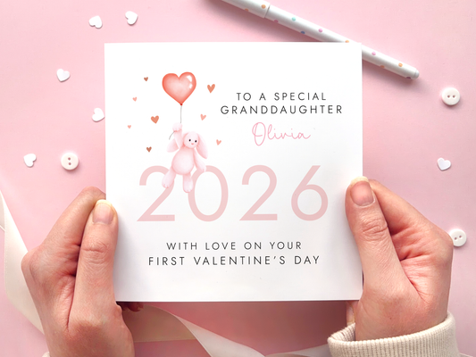 A personalised 1st Valentine's Day Card for a baby girl. The card reads to a special Granddaughter. The year is 2026.