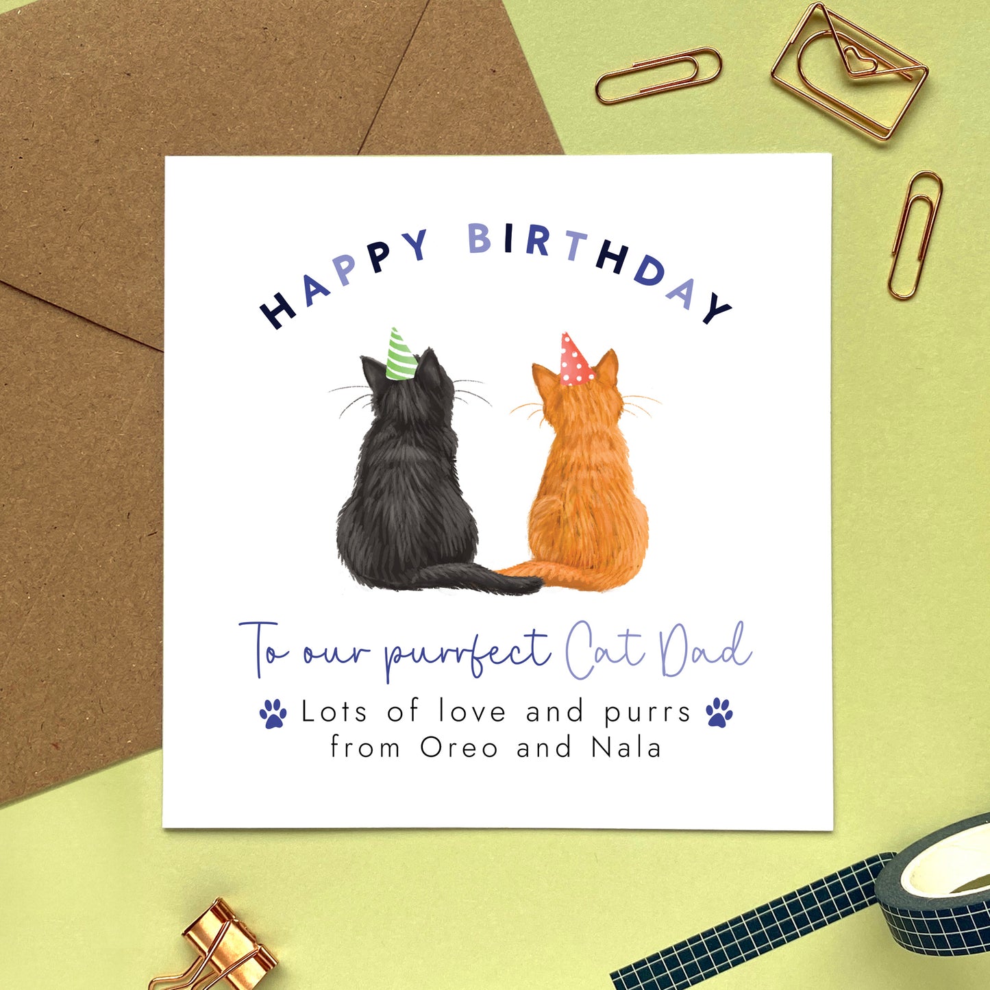 A personalised cats birthday card for Cat Dad where you can choose the two cats on the card. You can choose from a range of different cat breeds and colours, including ginger, black, tabby, ragdoll, grey and bengal cats. It can be personalised with the cat's names to make a from the cats birthday card. The cats in the photo are a black cat and a ginger cat.