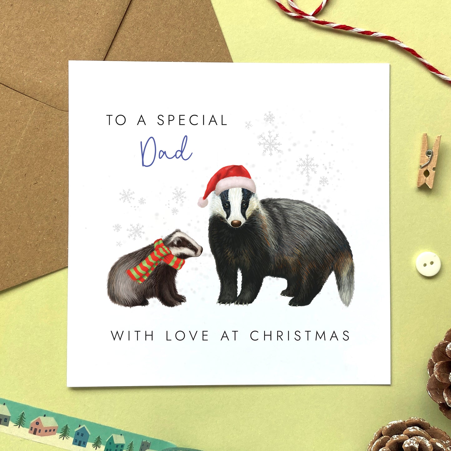 A personalised Christmas Card for Dad featuring a Father Badger and Baby Badger.