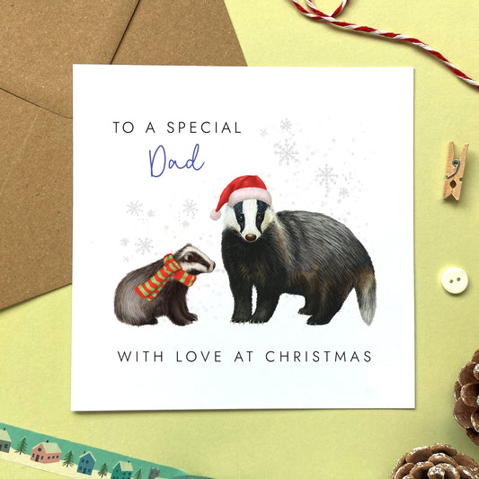 A personalised Christmas Card for Dad featuring a Father Badger and Baby Badger.