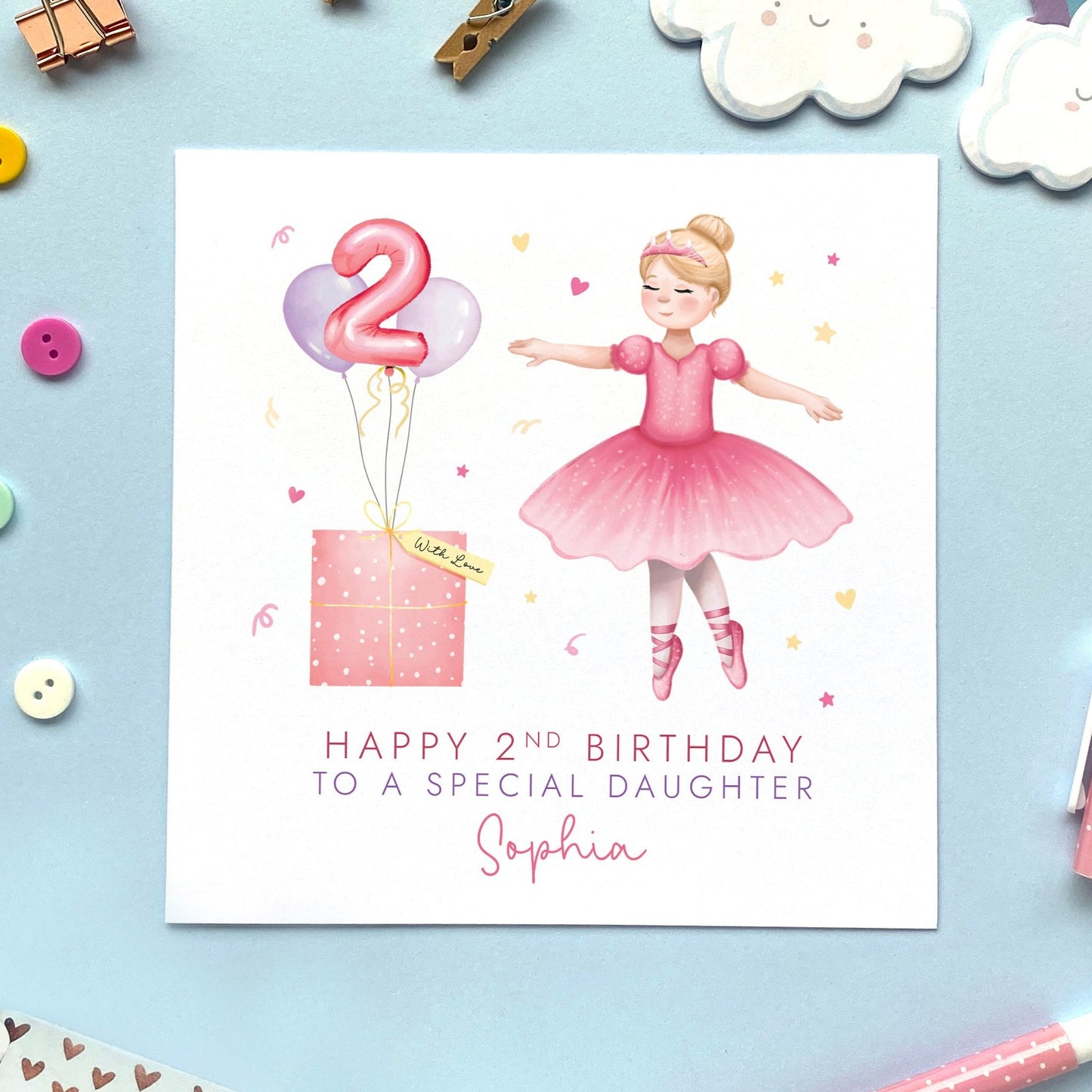 A personalised Ballerina 2nd Birthday Card for Girl. The card in the photo is a 2nd Birthday Card for Daughter.