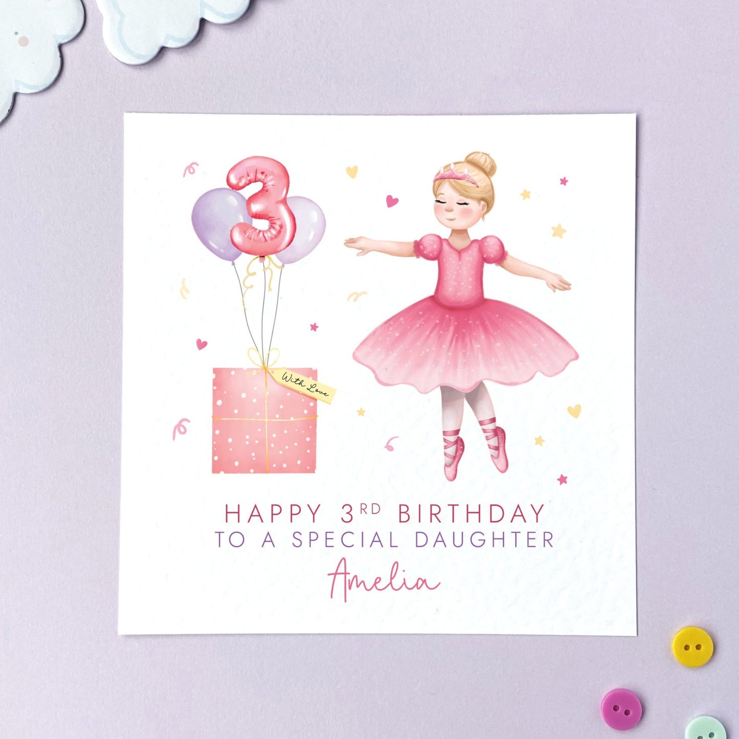 A personalised Ballerina 3rd Birthday Card for Girl. The card in the photo is a 3rd Birthday Card for Daughter.
