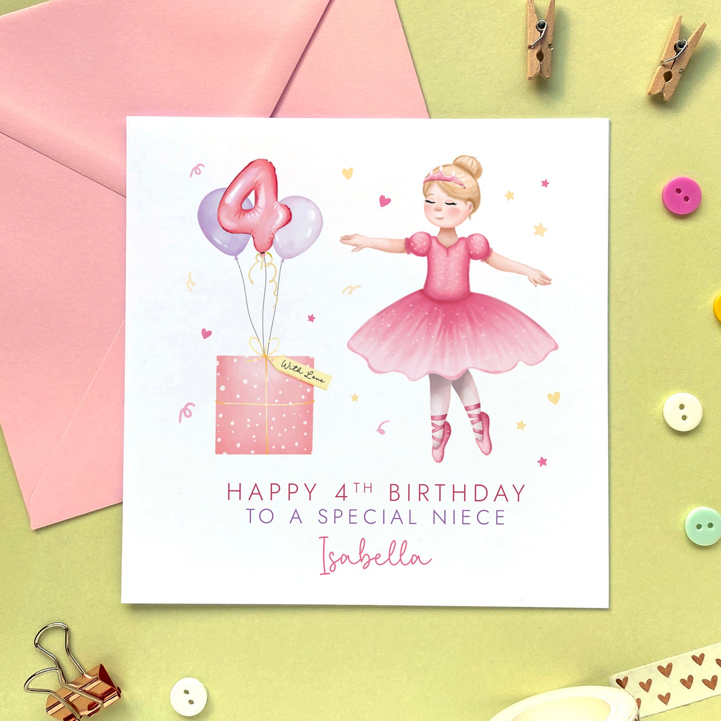 A personalised Ballerina 4th Birthday Card for Girl. The card in the photo is a 4th Birthday Card for Niece.