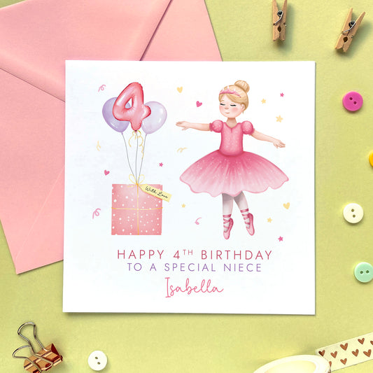 A personalised Ballerina 4th Birthday Card for Girl. The card in the photo is a 4th Birthday Card for Niece.