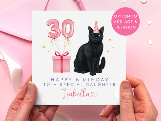 Personalised Black Cat Birthday Card for Her