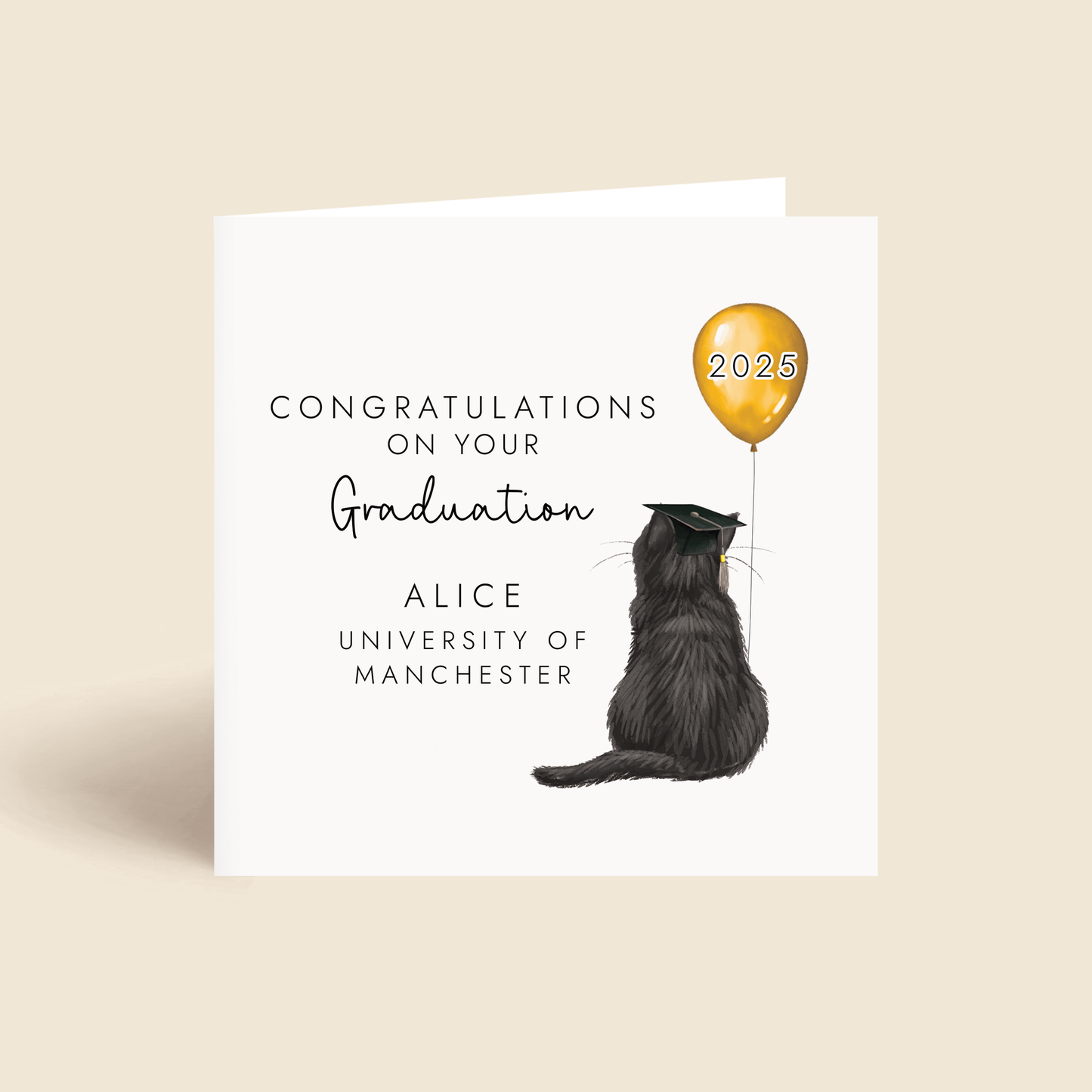 Personalised cat graduation card with over 60 cat designs to choose from. The card in the photo has a black cat.