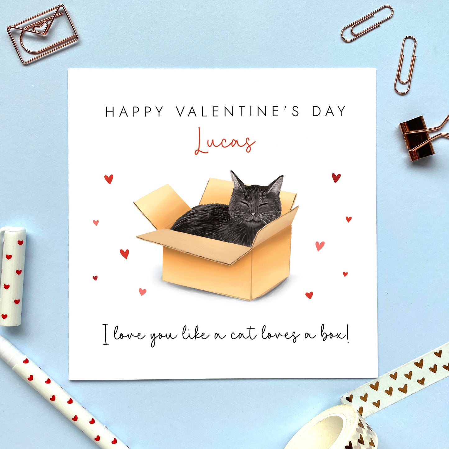 Personalised Black Cat in a Box Valentine's Day Card