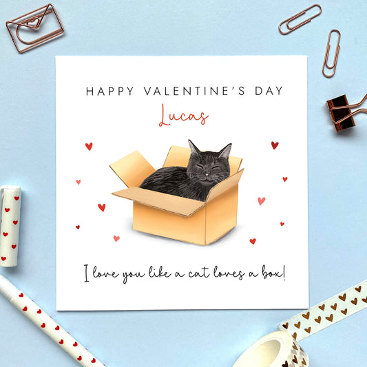 Personalised Black Cat in a Box Valentine's Day Card