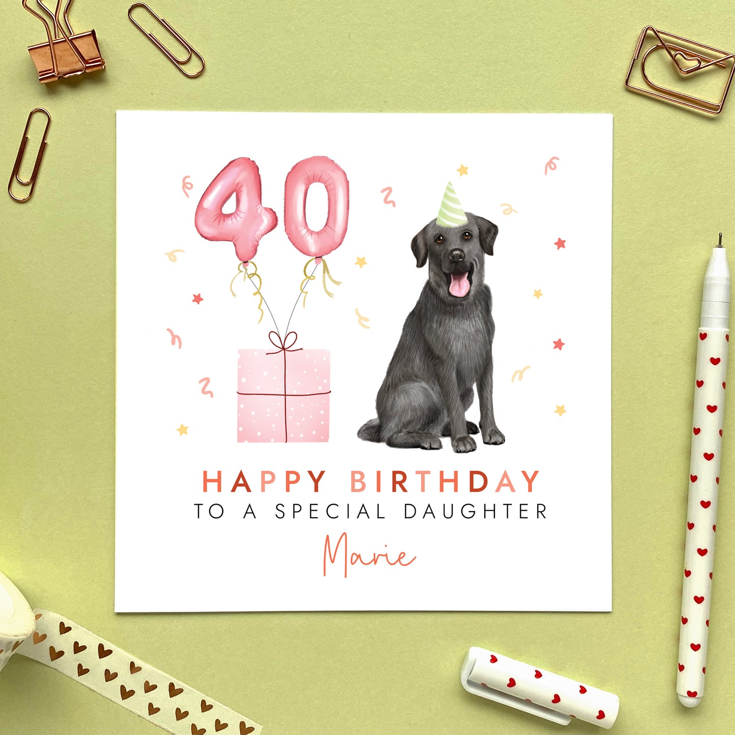 A personalised black labrador dog birthday card for her. It can be personalised with any name and number. The card in the photo is a 40th birthday card for Daughter.