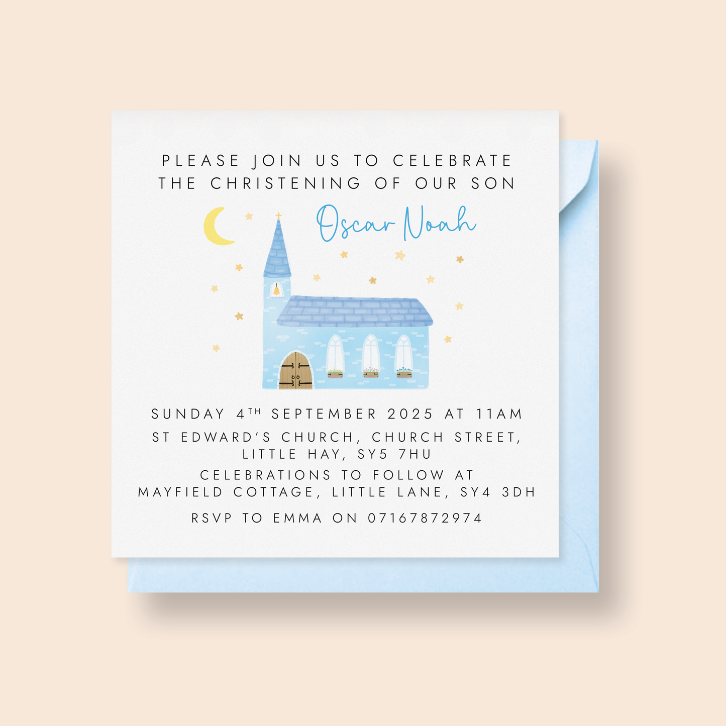 Personalised Christening Invitations for Boys – Blue Church Design