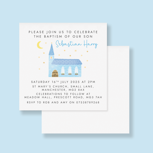 Personalised Christening Invitations for Boys – Blue Church Design