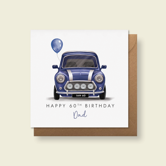 Personalised Classic Car Birthday Card, featuring a blue vintage car inspired by a classic Mini. The card in the photo is a 60th birthday card for Dad.