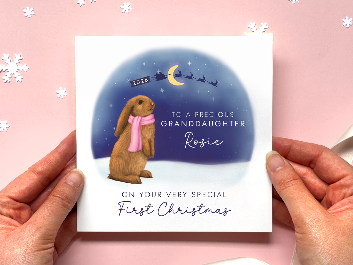 Personalised Bunny 1st Christmas Card for Baby Girl