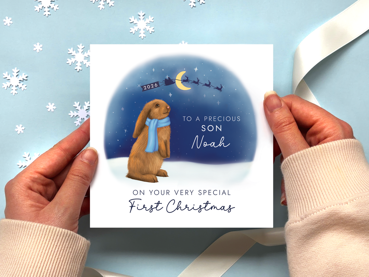 Personalised Bunny 1st Christmas Card for Baby Boy
