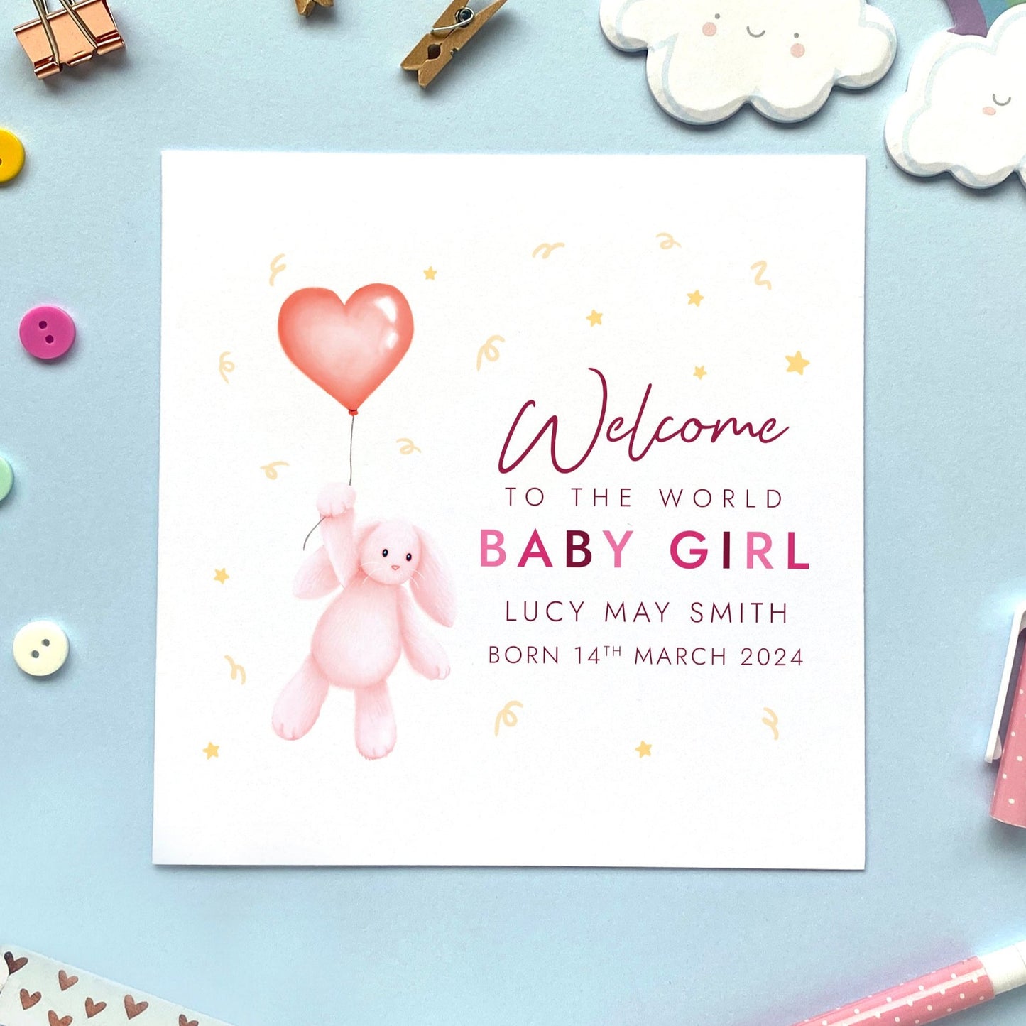 A personalised New Baby Card for Girl featuring a pink bunny.
