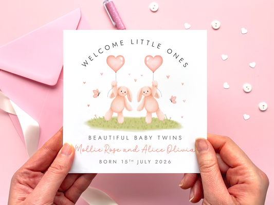 Personalised Bunny New Baby Twins Card
