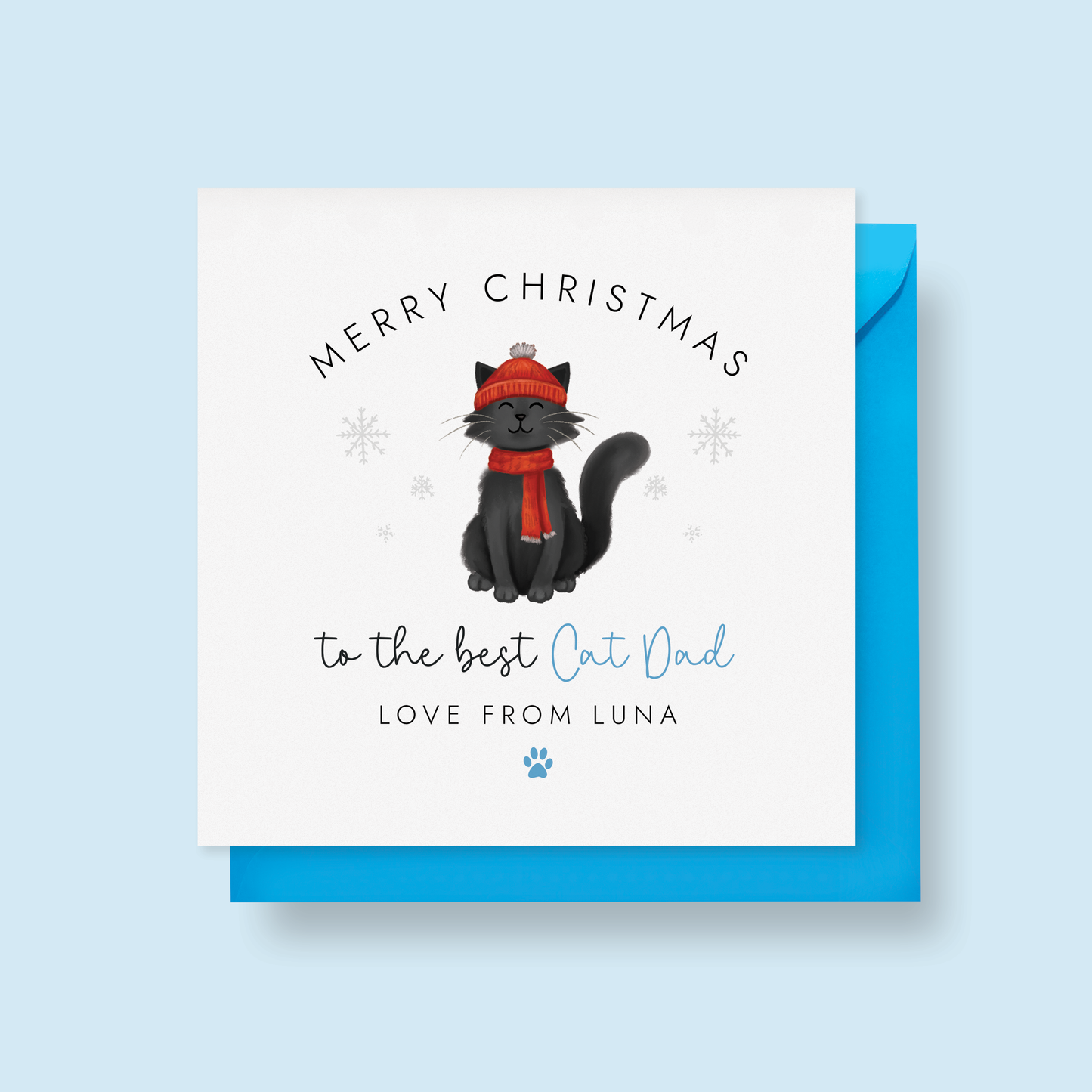 Personalised Christmas card for Cat Dad with a longhaired black cat illustration and text on a blue background