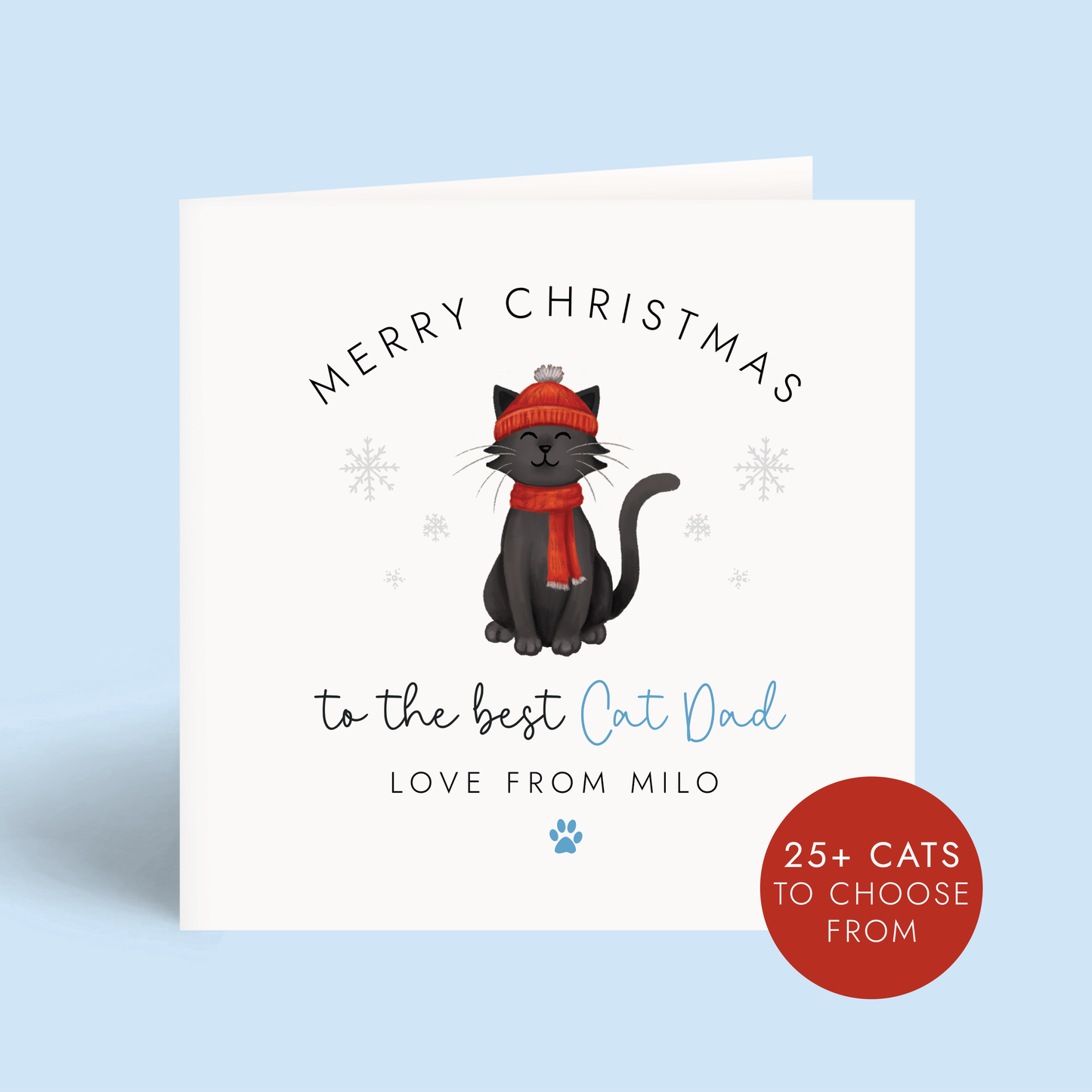 Personalised Christmas card for Cat Dad from the cat with a black cat wearing a red hat and scarf on a light blue background.