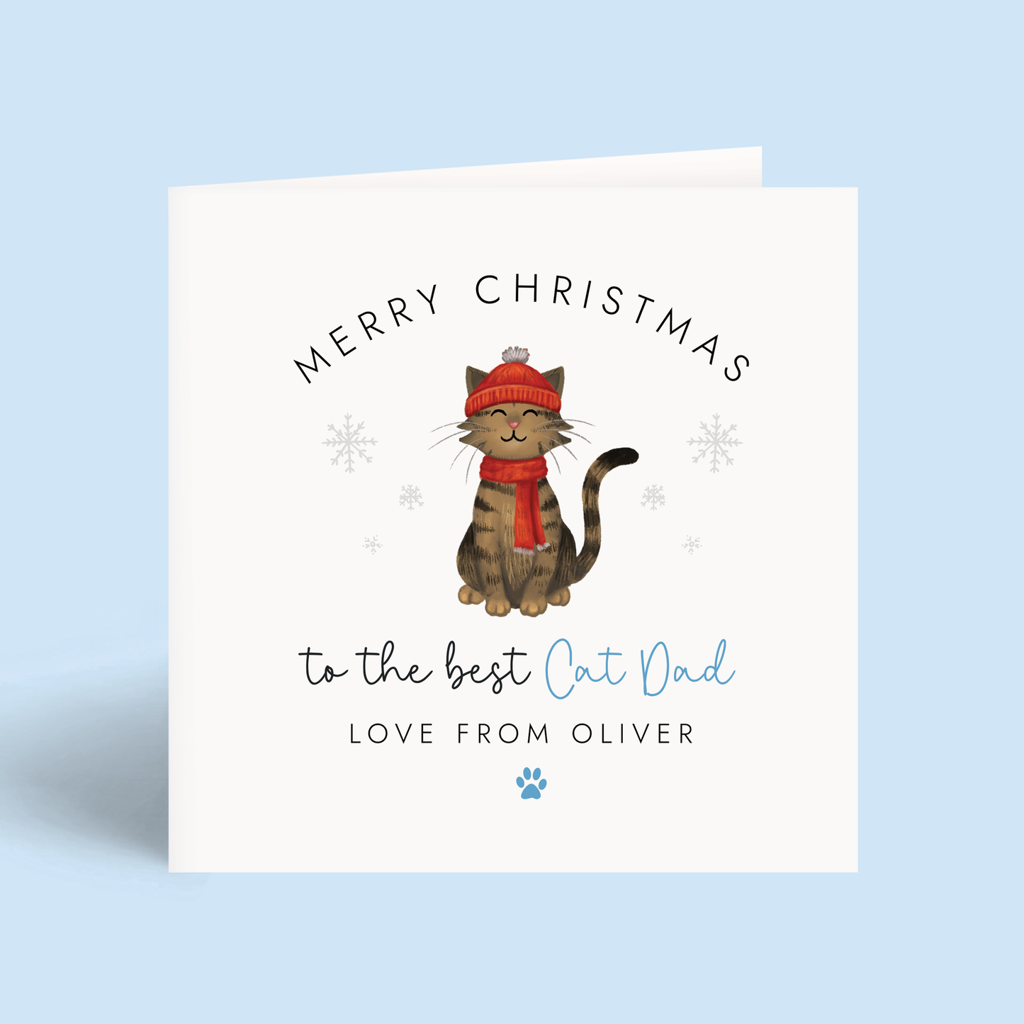 Personalised Christmas card for Cat Dad with a brown tabby cat illustration and text on a light blue background