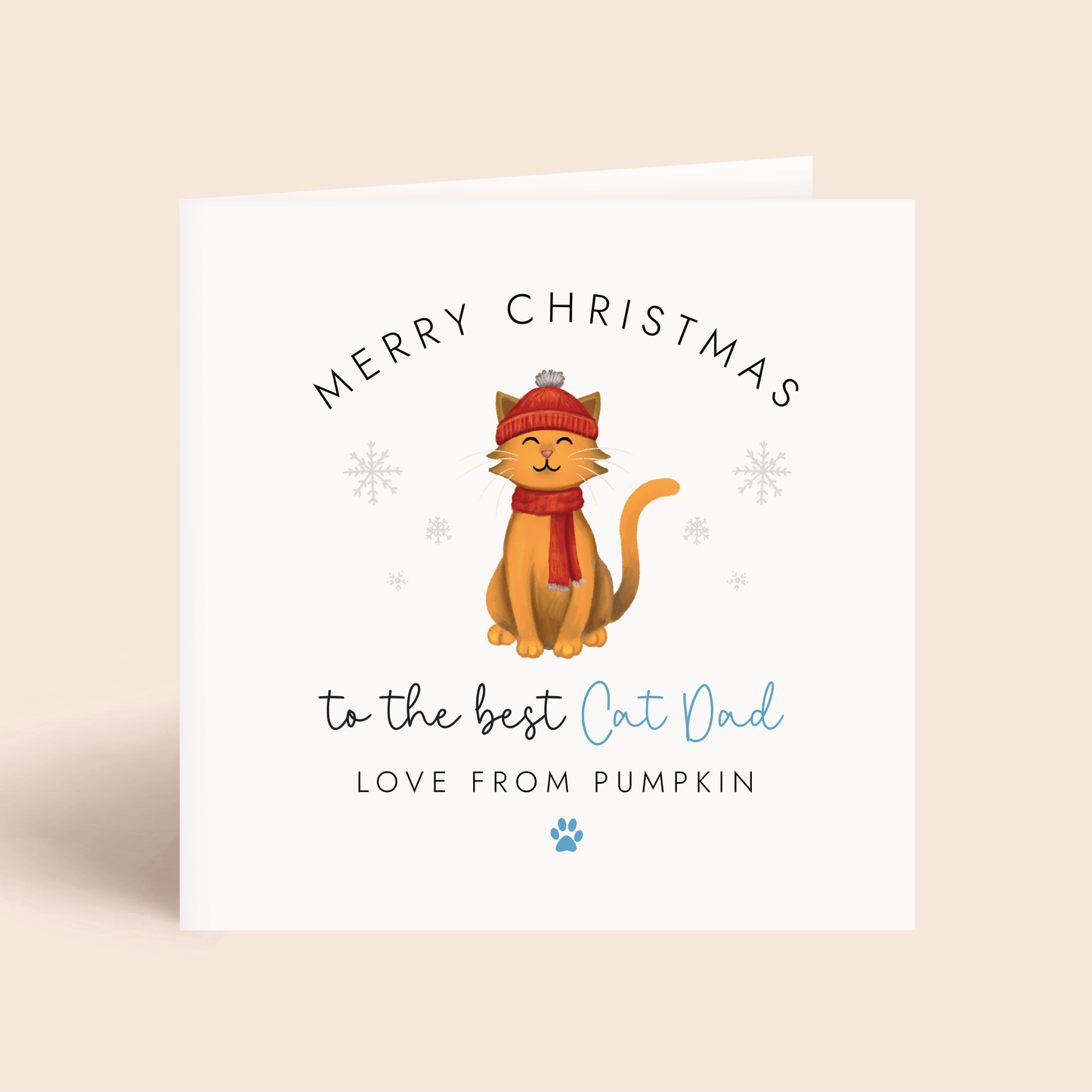 Personalised Cat Dad Christmas card with a ginger cat illustration and text on a beige background