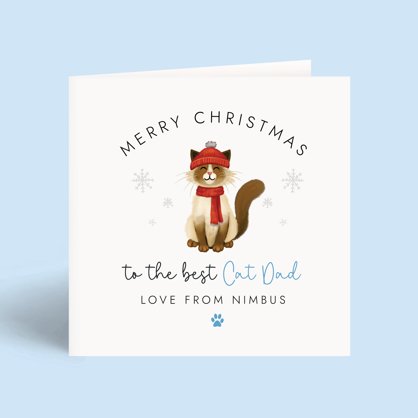 Personalised Cat Christmas card for Cat Dad with a ragdoll cat illustration and text on a blue background