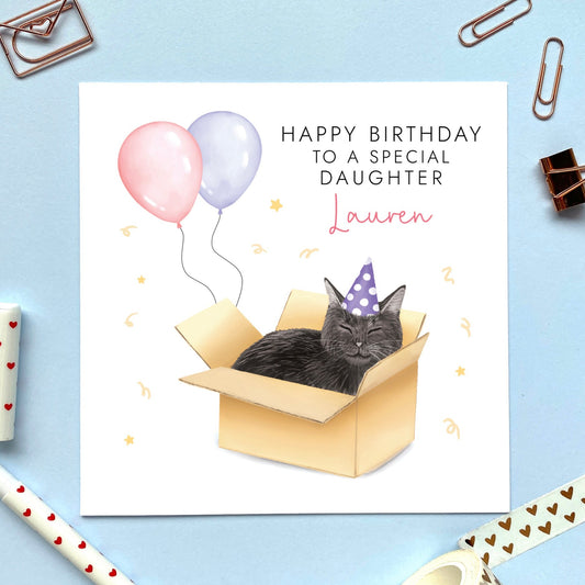 personalised black cat birthday card - for her, daughter, granddaughter, niece, children, adult, female, wife, girlfriend, partner, fiancee, auntie, aunty, aunt - any age birthday card - 13th, 16th, 18th, 21st, 30th, 40th, 50th, 60th - teenager, teenage girl, sixteen, eighteen, milestone - cat in a box card, funny birthday card, cute, black cat birthday card