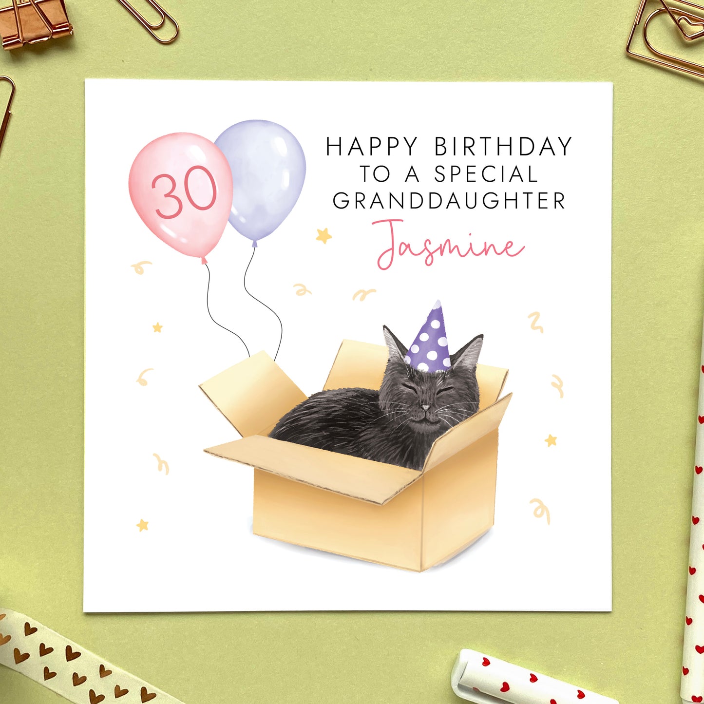 personalised black cat birthday card - for her, daughter, granddaughter, niece, children, adult, female, wife, girlfriend, partner, fiancee, auntie, aunty, aunt - any age birthday card - 13th, 16th, 18th, 21st, 30th, 40th, 50th, 60th - teenager, teenage girl, sixteen, eighteen, milestone - cat in a box card, funny birthday card, cute, black cat birthday card