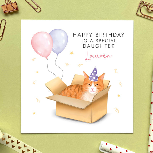 personalised ginger cat birthday card - for her, daughter, granddaughter, niece, children, adult, female, wife, girlfriend, partner, fiancee, auntie, aunty, aunt - any age birthday card - 13th, 16th, 18th, 21st, 30th, 40th, 50th, 60th - teenager, teenage girl, sixteen, eighteen, milestone - cat in a box card, funny birthday card, cute, ginger and white tabby cat birthday card, 16th birthday card