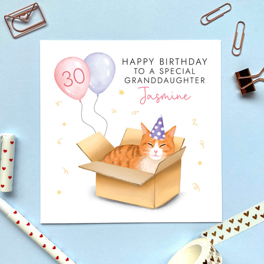 personalised ginger cat birthday card - for her, daughter, granddaughter, niece, children, adult, female, wife, girlfriend, partner, fiancee, auntie, aunty, aunt - any age birthday card - 13th, 16th, 18th, 21st, 30th, 40th, 50th, 60th - teenager, teenage girl, sixteen, eighteen, milestone - cat in a box card, funny birthday card, cute, ginger and white tabby cat birthday card, 16th birthday card