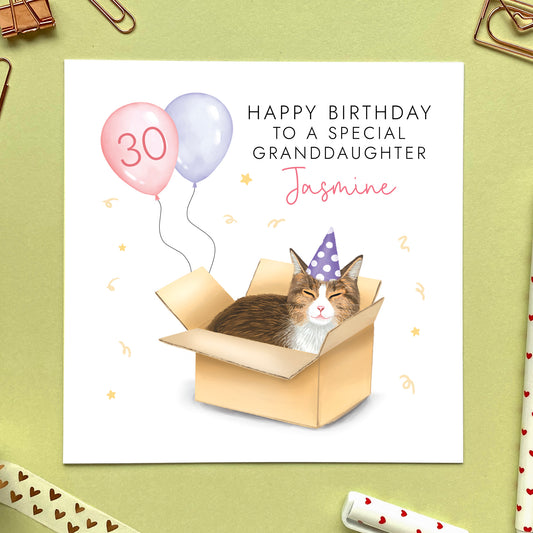 personalised tabby cat birthday card - for her, daughter, granddaughter, niece, children, adult, female, wife, girlfriend, partner, fiancee, auntie, aunty, aunt - any age birthday card - 13th, 16th, 18th, 21st, 30th, 40th, 50th, 60th - teenager, teenage girl, sixteen, eighteen, milestone - cat in a box card, funny birthday card, cute, brown and white tabby cat birthday card, 16th birthday card, 30th