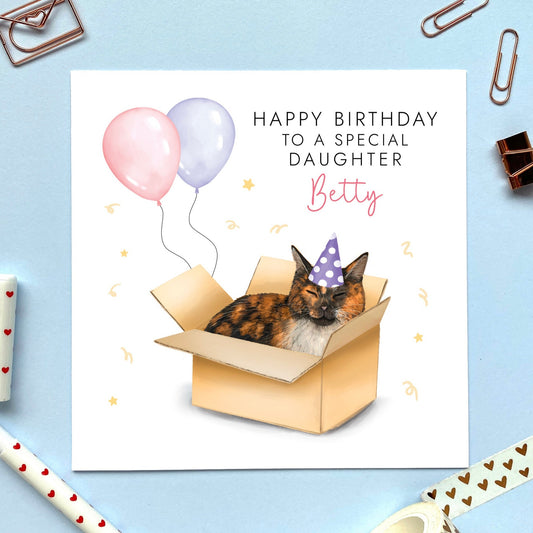 personalised tortoiseshell cat birthday card - for her, daughter, granddaughter, niece, children, adult, female, wife, girlfriend, partner, fiancee, auntie, aunty, aunt - any age birthday card - 13th, 16th, 18th, 21st, 30th, 40th, 50th, 60th - teenager, teenage girl, sixteen, eighteen, milestone - cat in a box card, funny birthday card, cute, black white and ginger cat birthday card, tortie cat