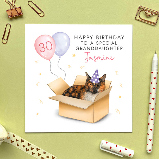 personalised tortoiseshell cat birthday card - for her, daughter, granddaughter, niece, children, adult, female, wife, girlfriend, partner, fiancee, auntie, aunty, aunt - any age birthday card - 13th, 16th, 18th, 21st, 30th, 40th, 50th, 60th - teenager, teenage girl, sixteen, eighteen, milestone - cat in a box card, funny birthday card, cute, black white and ginger cat birthday card, tortie cat