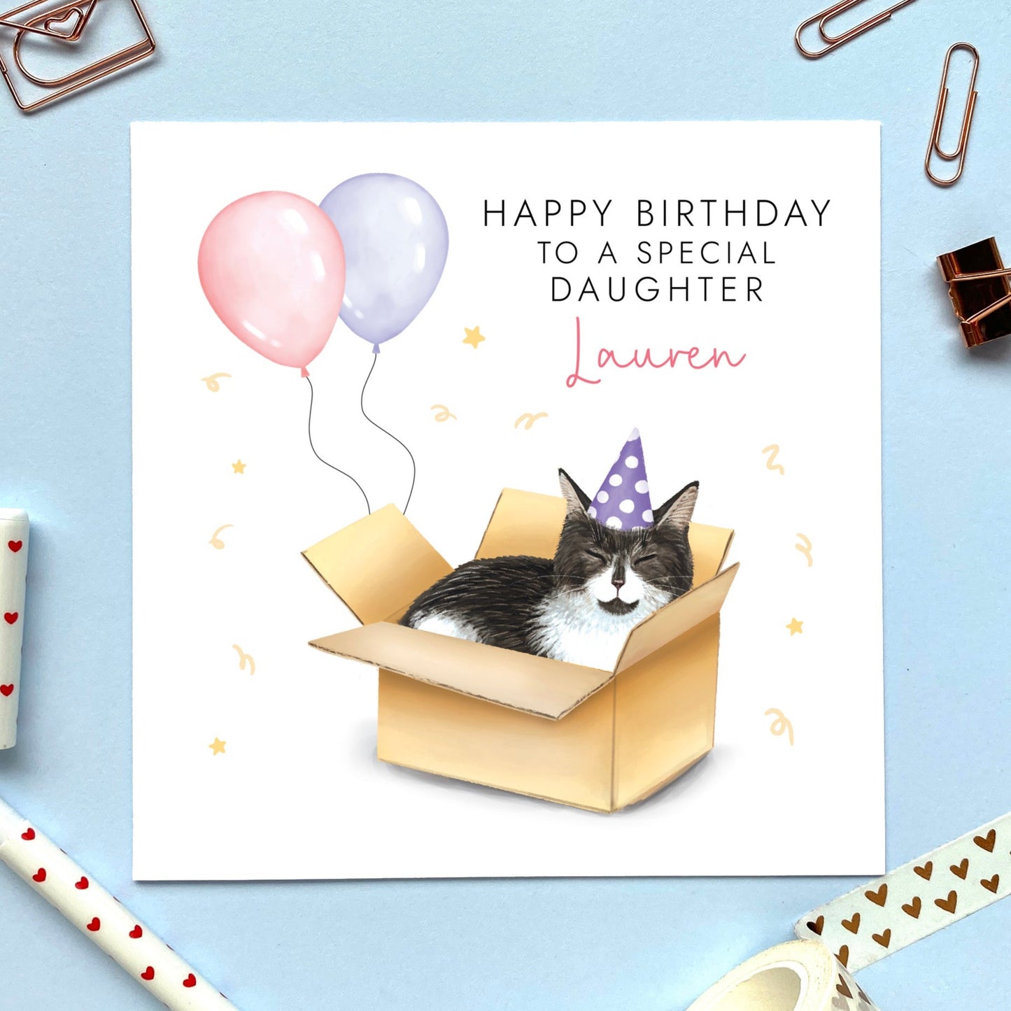 personalised tuxedo cat birthday card - for her, daughter, granddaughter, niece, children, adult, female, wife, girlfriend, partner, fiancee, auntie, aunty, aunt - any age birthday card - 13th, 16th, 18th, 21st, 30th, 40th, 50th, 60th - teenager, teenage girl, sixteen, eighteen, milestone - cat in a box card, funny birthday card, cute, black and white cat birthday card, 10th birthday card