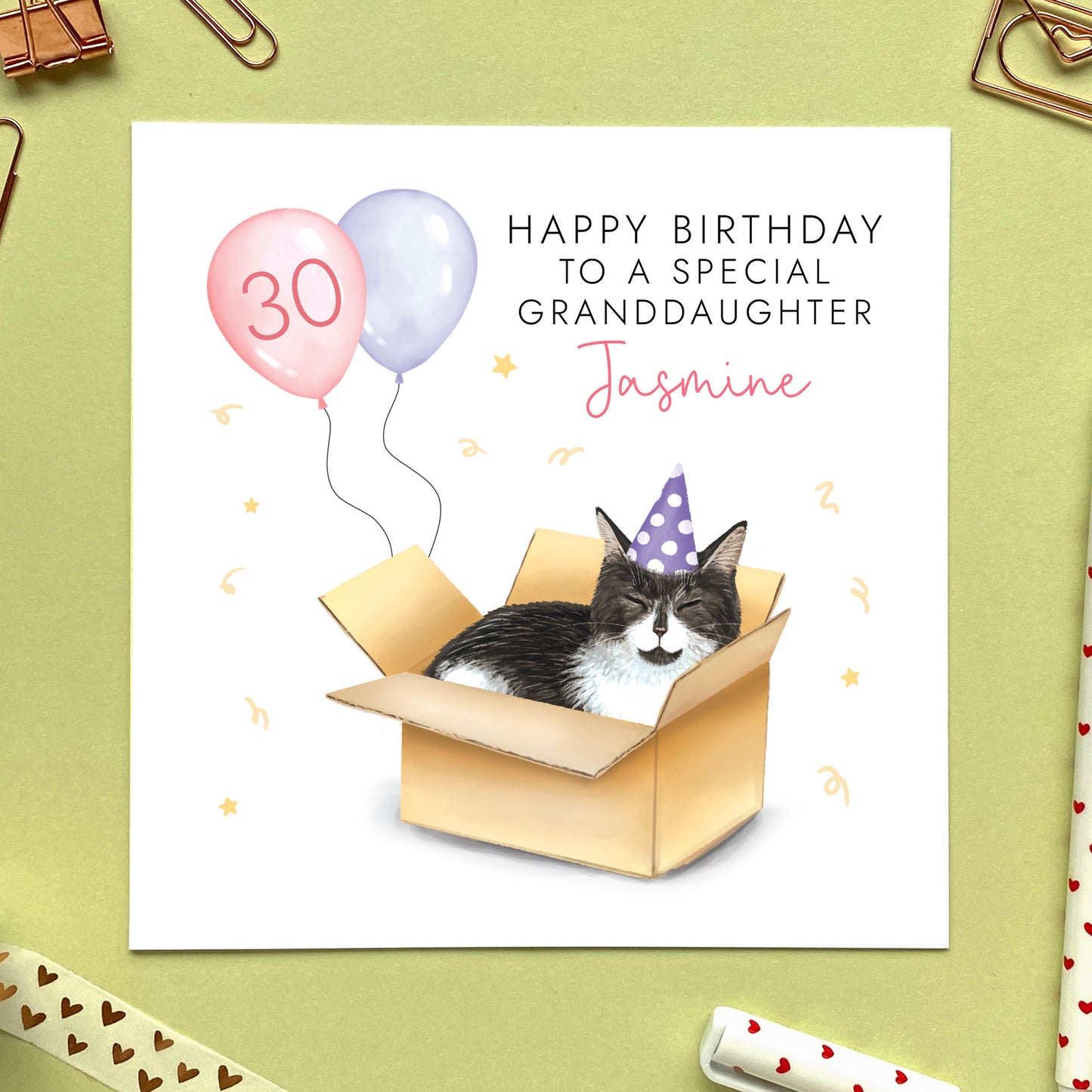 personalised tuxedo cat birthday card - for her, daughter, granddaughter, niece, children, adult, female, wife, girlfriend, partner, fiancee, auntie, aunty, aunt - any age birthday card - 13th, 16th, 18th, 21st, 30th, 40th, 50th, 60th - teenager, teenage girl, sixteen, eighteen, milestone - cat in a box card, funny birthday card, cute, black and white cat birthday card, 30th birthday card
