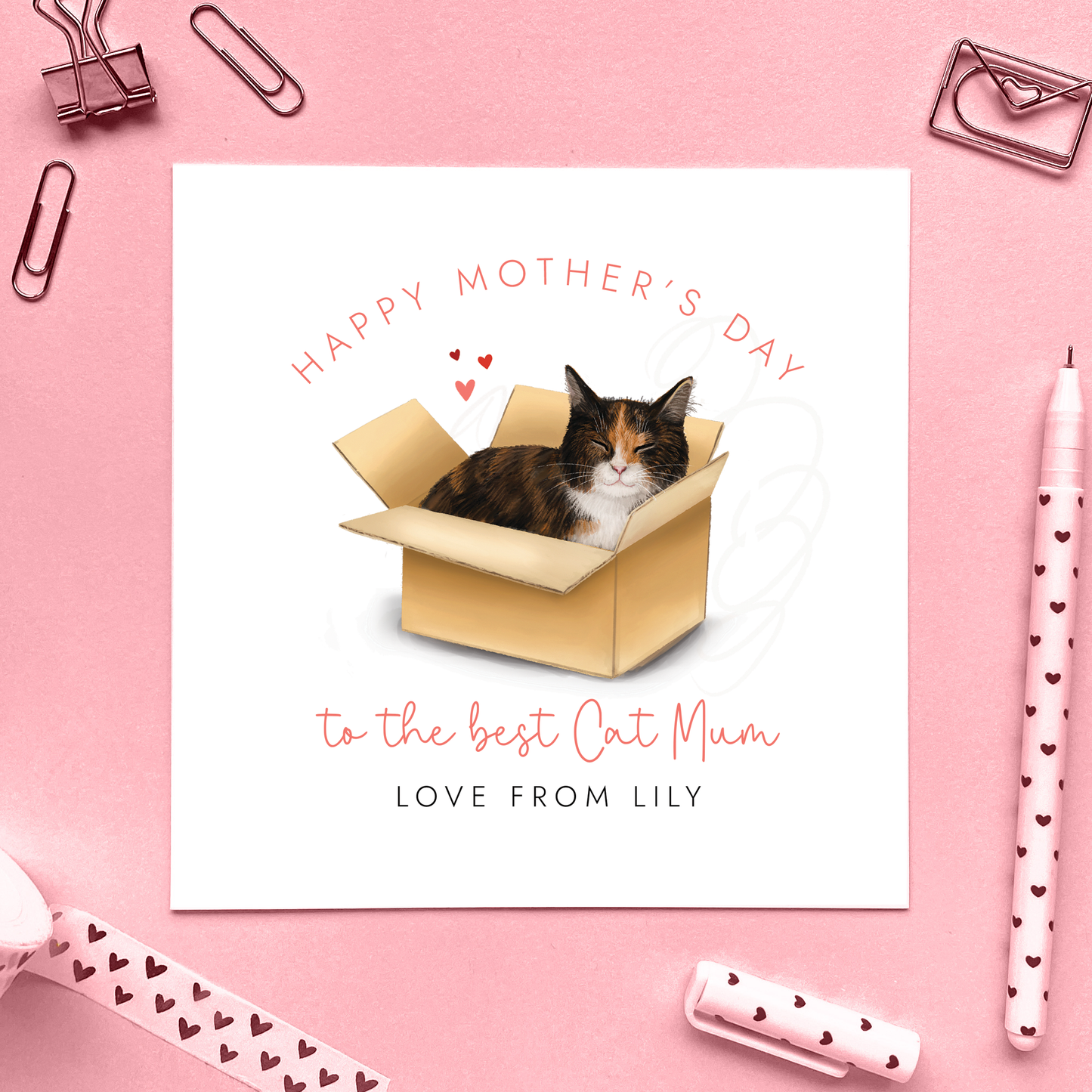 Personalised Calico Cat Mother's Day Card for Cat Mum, Black White and Ginger Cat