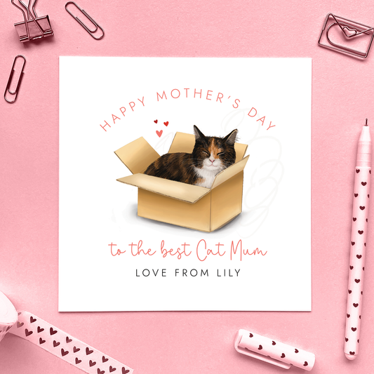 Personalised Calico Cat Mother's Day Card for Cat Mum, Black White and Ginger Cat