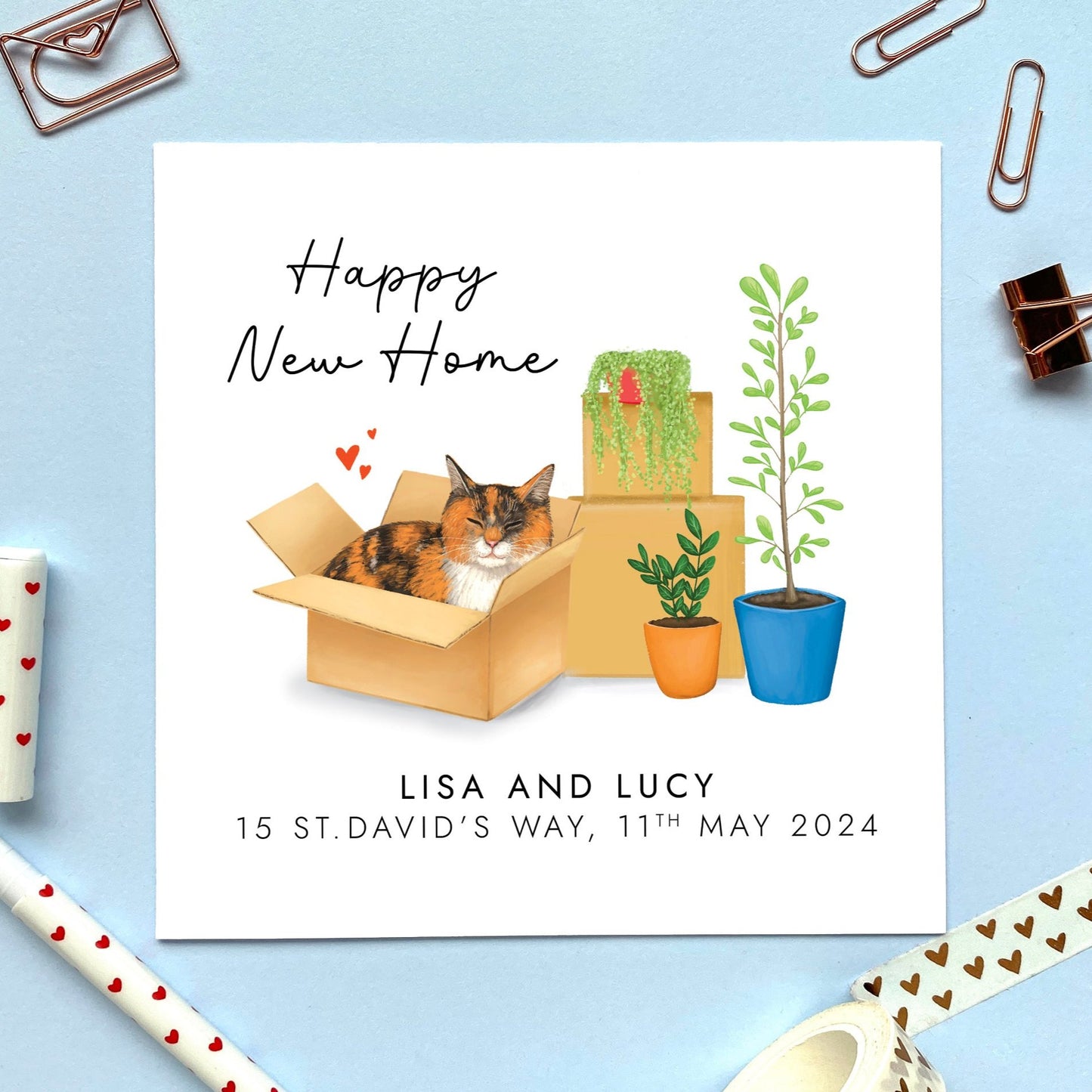 A personalised new home card featuring a calico ginger, black and white cat in a box.