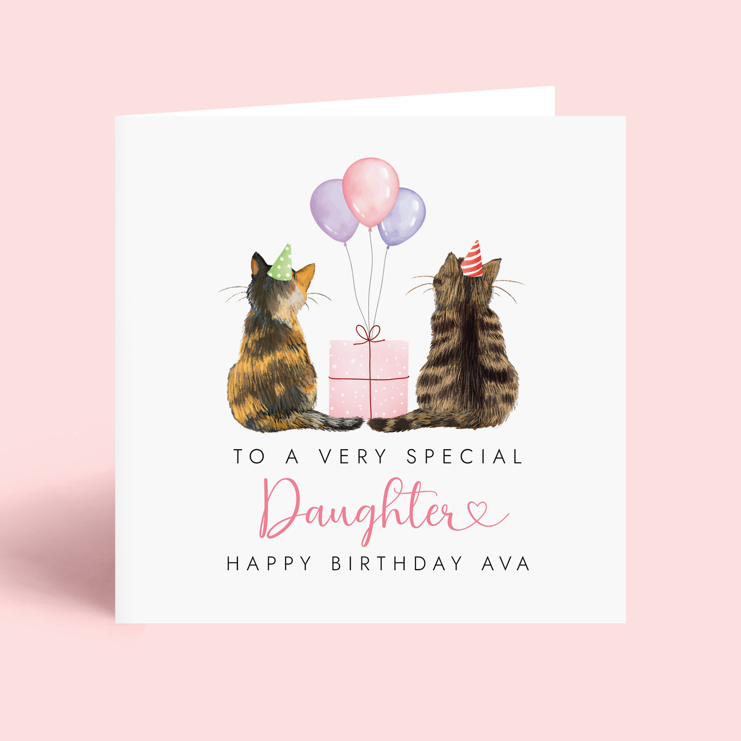 Personalised Birthday card for Daughter with two cats holding balloons and a gift, on a pink background.