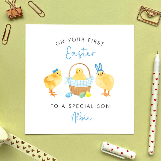 personalised chicks first easter card for boy - baby's first easter card, 1st easter card for boy, easter card for son, grandson, nephew, brother, cousin, children, child, baby, godson, boys - chicks, chickens, cute, handmade, special, first easter card for grandson