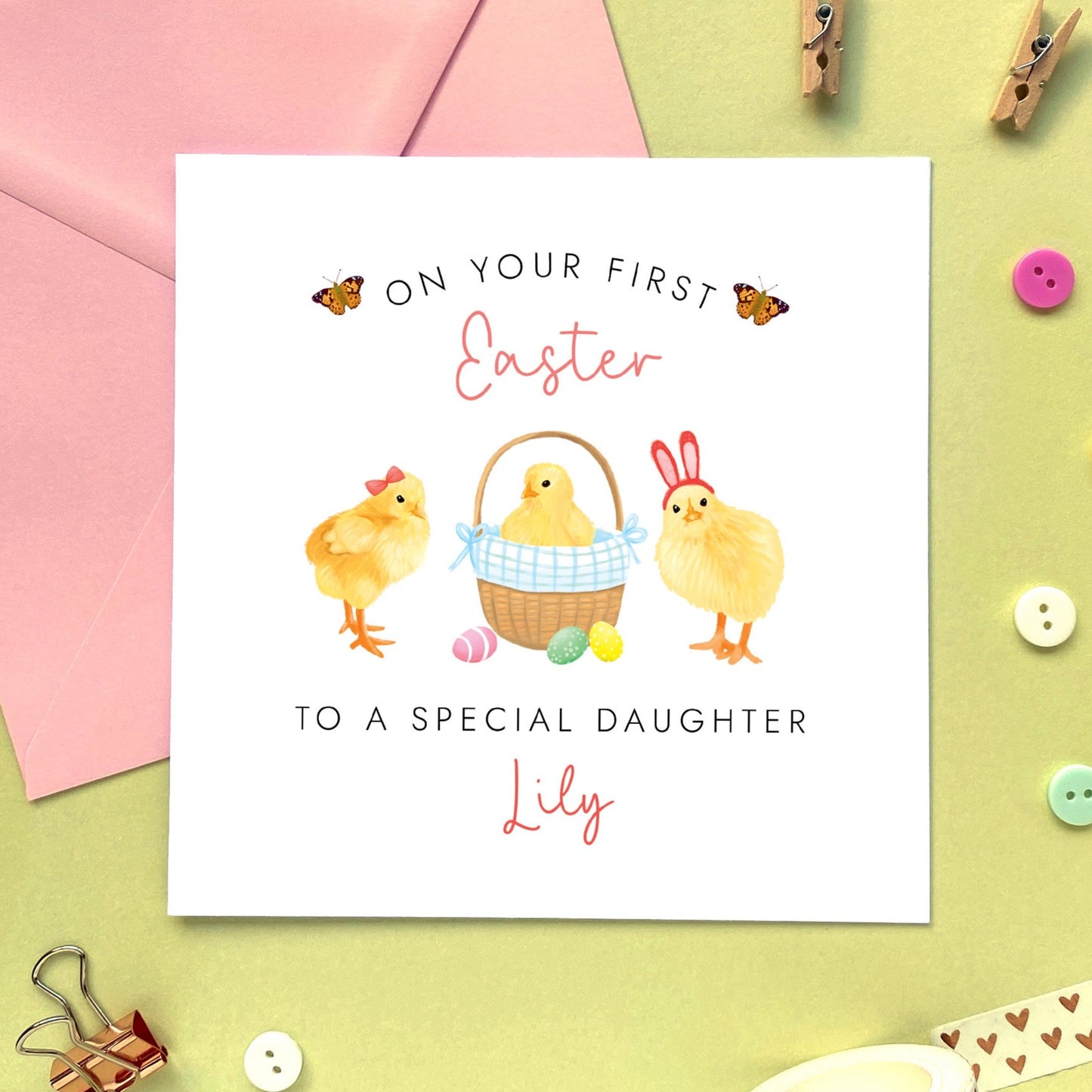 personalised chicks first easter card for girl - baby's first easter card, easter card for baby, easter card for daughter, granddaughter, niece, sister, cousin, children, child, baby, goddaughter, girls, little girl, 1st easter